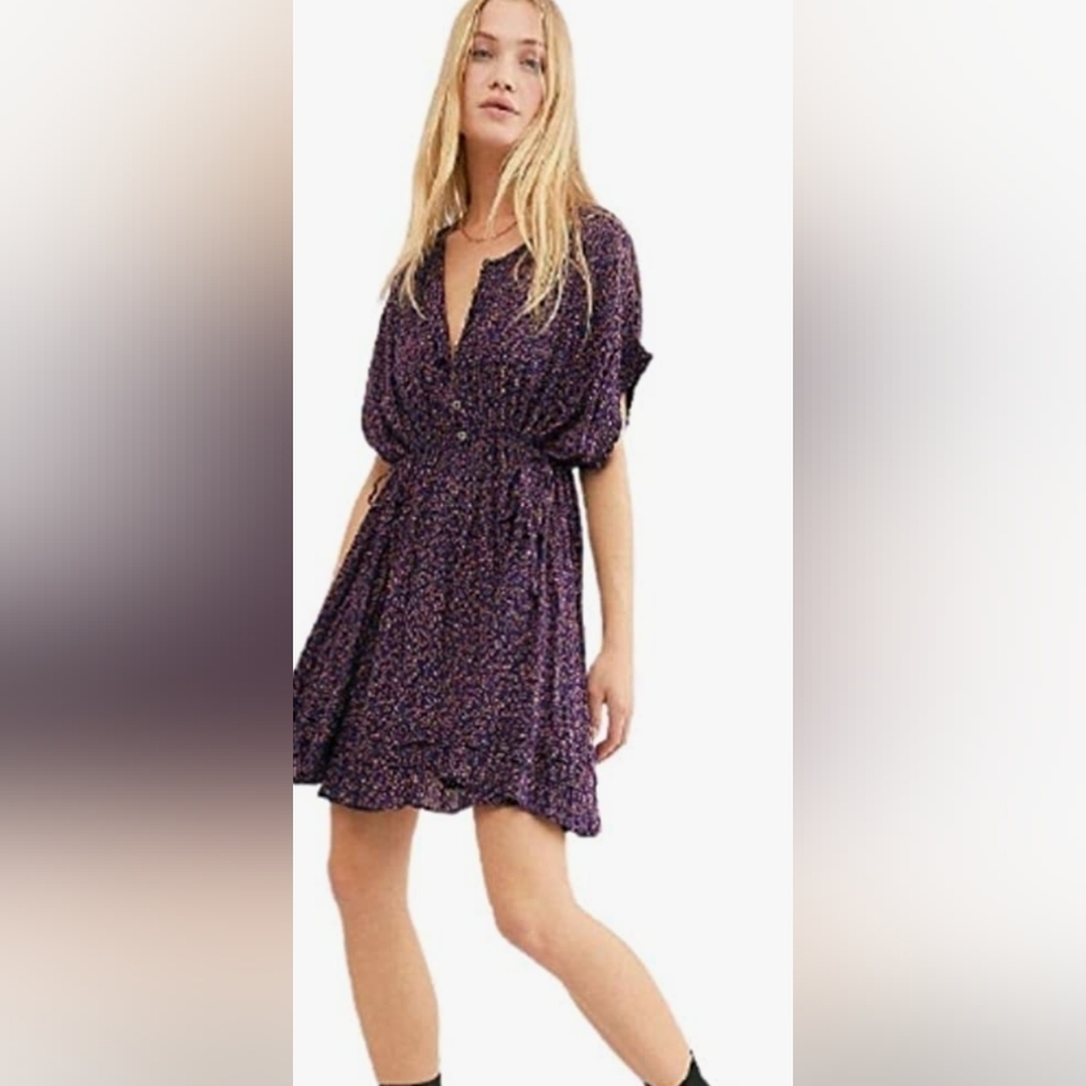 Free People One Fine Day Purple Sleeveless Mini Dress with Ruffles/Pleating Sm